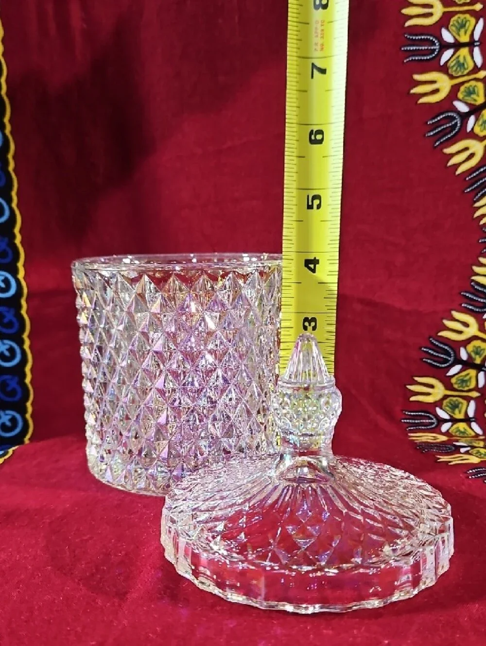 Irridescant Crystal Cut Glass Lidded Candy Dish Jar Diamond Point